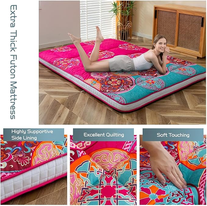 MAXYOYO Bohemian Style Futon Mattress, Padded Japanese Floor Mattress Quilted Bed Mattress Topper, Extra Thick Folding Sleeping Pad Breathable Floor Lounger Guest Bed for Camping Couch, Red, Queen