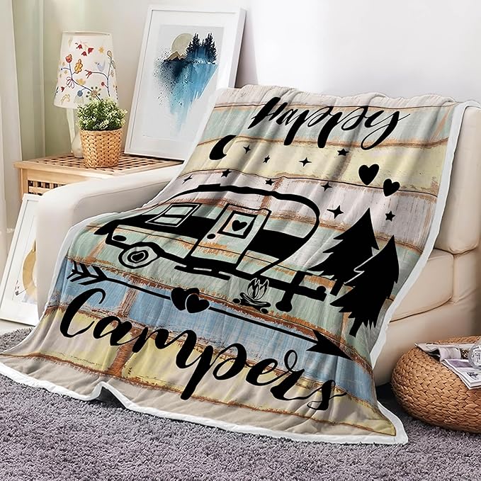 Camper Throw Blankets, Soft Warm Flannel Throws Cover for Couch, Chair, Sofa, Bed, Outdoor, Inside, Beach, Travel Decor