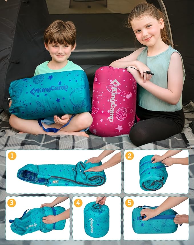 KingCamp 45°F Kids Sleeping Bag, Lightweight Waterproof & Compact Flannel Sleeping Bags Cold Weather & Warm Youth Essentials Gear Accessories for Camping, Fits 10-12 Children up to 4'7"-5'5" Tall