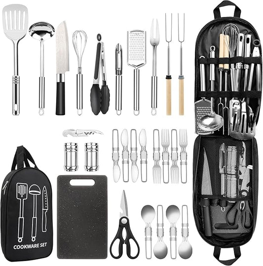 Camping Cooking Utensils Set, Stainless Steel Grill Tools, Camping BBQ Cookware Gear and Equipment for Travel Tenting RV Van Picnic Portable Kitchen Essentials Accessories