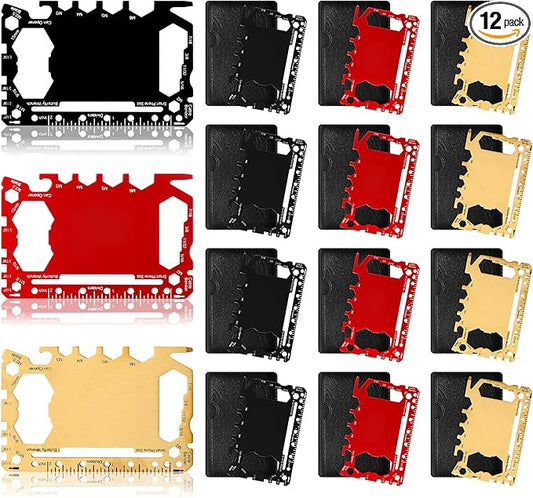 Cholemy 12 Pcs Credit Card Wallet Multitool 46 in 1 Metal Stainless Steel Survival Pocket Tool Multipurpose Bottle Opener Bulk for Men Christmas Stocking Stuffer Gift(Black, Red, Gold,Classic Style)