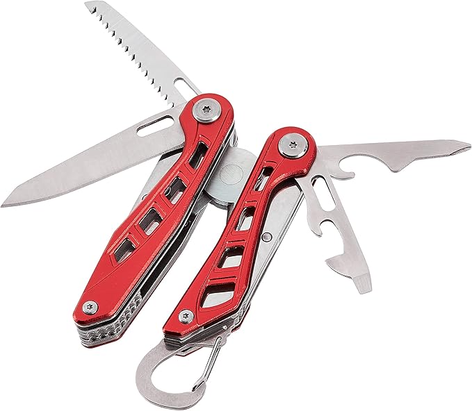 Amazon Basics 8-in-1 Stainless Steel Multitool with Safety Lock and Nylon Sheath, Red