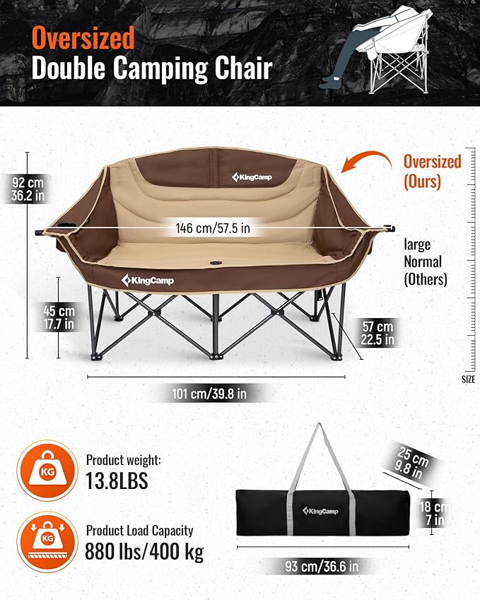 KingCamp Double Camping Chair, Oversized 880lbs Heavy Duty Loveseat for Adults Portable Folding XL 2 Person Couch Padded Comfortable Two Seat with Cup Holder for Outdoor Lawn Backyard, Khaki/Coffee