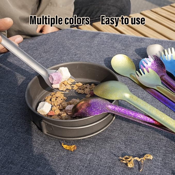 TiTo Titanium Long Handle Spork and Spoon Eco-Friendly Ultralight Portabale Flatware for Outdoor Camping Backpacking Hiking Travel Picnic Tableware with Bag (Bright Golden Spoon)