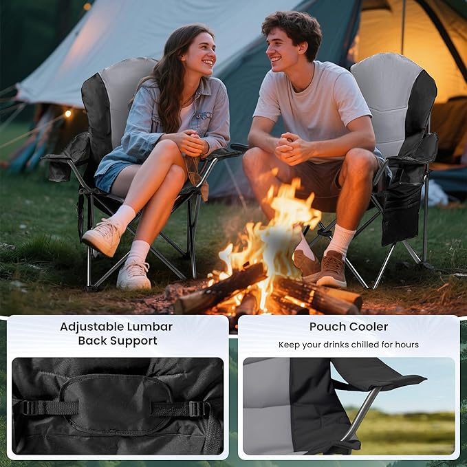 Oversized Camping Chair Heavy Duty- Portable Folding Chair, Cup Holder & Waterproof Phone Case for Adults, Beach, Hiking, Backyard (Black & Gray, 2 PCS-21)