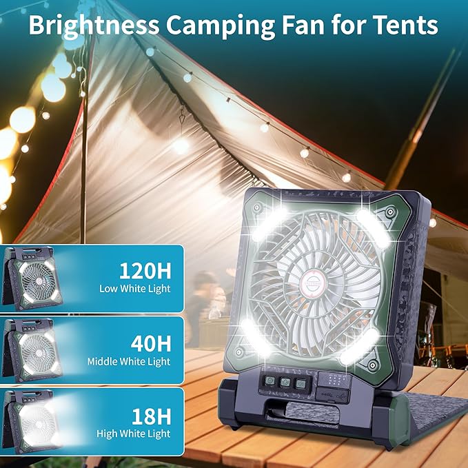 WESTTREE Solar Fan Battery Powered Rechargeable Solar Camping Fan with Led Lantern & Power Bank Foldable Angle USB Personal Fans for Travel Outdoor Camping Tents X98 Green