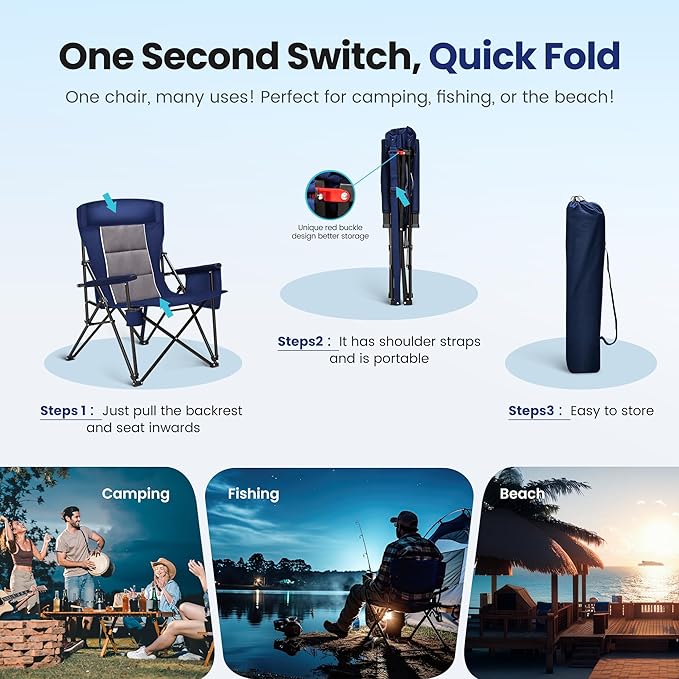 HIGH POINT SPORTS Oversized Camping Chairs for Adults, High Back Heavy Duty Lawn Chair Support 500LBS, Padded Portable Collapsible Outdoor Chair with Cup Holder, Blue, 2 Pack