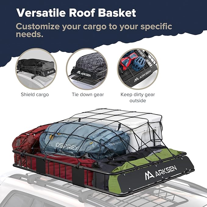 ARKSEN 64" x 39" x 6" Roof Rack Basket with Extension & Waterproof Cargo Bag, 150 lb Heavy-Duty Steel Cargo Carrier, Fits Crossbars up to 1.38" Thick, for SUV & Pickup Truck