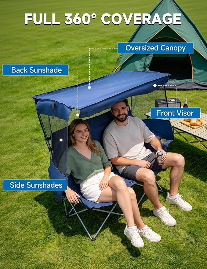 East Oak Double Camping Chair with Canopy | 24" High Back Camping Couch for Adults with 360° Sun Protection, 14.7 lbs Lightweight, 660 lbs Heavy Duty Canopy Chair for Outdoors