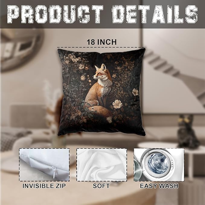 Vintage Floral Fox Pillow Covers 18x18, Rustic Farmhouse Dark Cottagecore Decor, Botanical Floral Fox Wild Animal Decorative Throw Pillow Covers for Home Bedroom Living Room