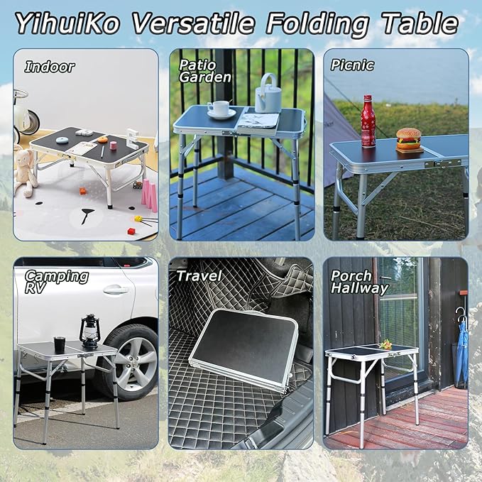 YihuiKo Folding Camping Table, Adjustable Height Folding Table, Portable Aluminum Small Folding Table with Carry Handle for Picnic, BBQ, Indoor, Office