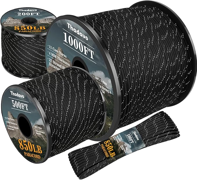Reflective Paracord Rope 850Ib, 50/100/200/500/1000ft 4MM 11 Strand para Cords Lanyard Utility Parachute Cord for Tent Camping Fishing Survival Tactical Clothesline DIY Projects, Black 200FT