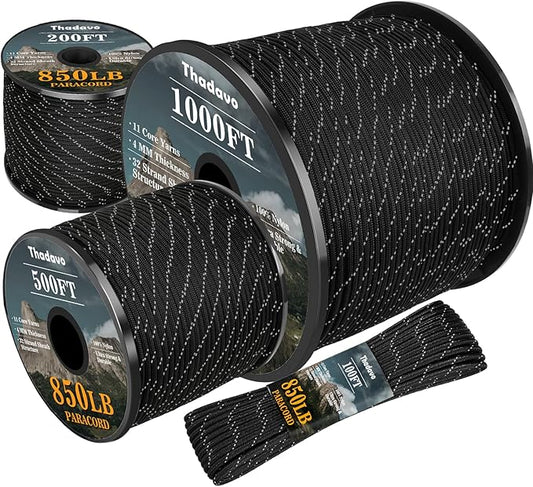 Reflective Paracord Rope 850Ib, 50/100/200/500/1000ft 4MM 11 Strand para Cords Lanyard Utility Parachute Cord for Tent Camping Hiking Fishing Survival Clothesline DIY Projects, Black 50FT