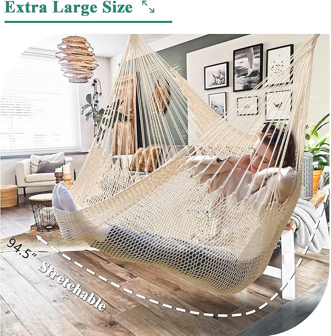 Upgraded Caribbean Hammock Chair with Detachable Metal Bar, Large Hammock Swing Chair, XL Rope Hanging Chair for Outdoor Indoor, 330 LBS Weight Capacity, Seashell