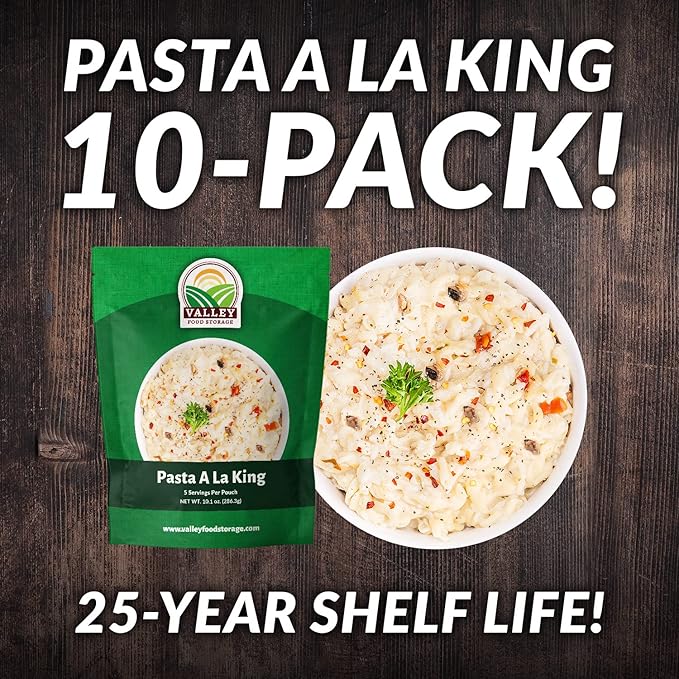 Valley Food Storage Pasta A La King | 10-Bag Bucket, 50 Servings | Non-GMO Premium Emergency Food Supply, 25 Year Shelf Life | Survival Meal Kits, Prepper Food & Off-Grid Living Supplies, Packaged in USA