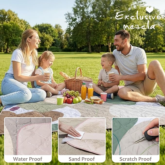 Exclusivo Mezcla Waterproof Picnic Blankets 60x80 Inch, 3 Layer Extra Large, Sandproof and Foldable Outdoor Blanket for Beach Camping, Park and Travel