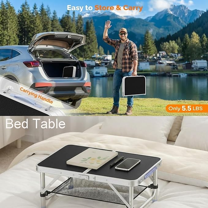 Small Folding Table Portable, 2FT Camping Pinic Table with 3 Adjustable Height, Aluminum Foldable Lightweight Patio Side Table with Carry Handle for Outdoor Hiking Camp BBQ Beach (Black)