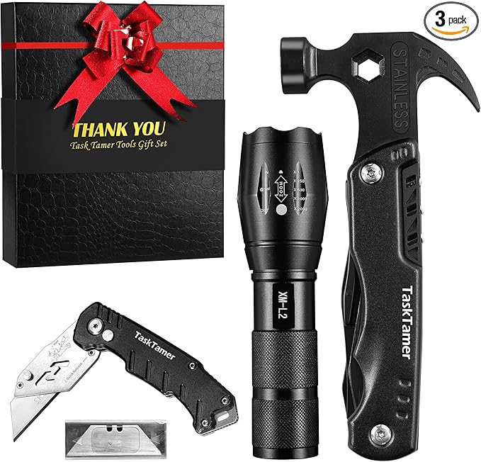 Multitools Gfit Set for Men, 3-in-1 Multi-tools Set "THANK YOU" Includes a Multi-Hammer, Utility Knife & Tactical Flashlight, EDC Gears for Car, Camping & Emergency, Gifts For Dad Husband Him