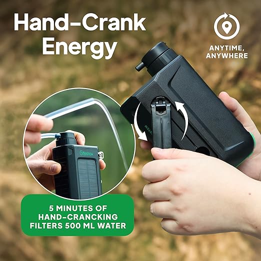 Greeshow Portable Electric Water Filter for Camping & Survival - 0.01 Micron Water Purification System with Solar, Hand Crank, USB-C Charge - Power Bank & LED Light for Backpacking Gear, Emergency Kit