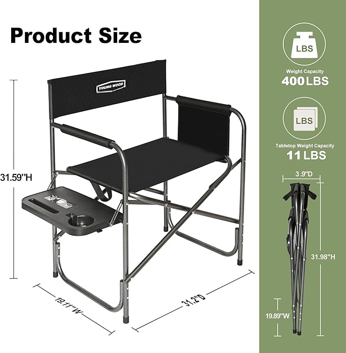 YOUNG WOOD Camping Directors Chair with Side Table, Foldable and Portable, Fishing,Trip,Picnic,Hike，Lawn,Sports,Beach,Outdoor Camping Chair for Adults,Drink Holder and Mobile Storage,2p