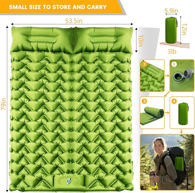 Double Sleeping Pad - Ultralight 4" Camp Mat with Integrated Foot Pump & Pillow for Effortless Camping, Backpacking & Travel, Comfort Camping Essentials