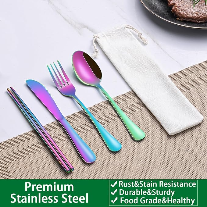 Rainbow Working Lunch Silveware Set,Reusable Travel Utensils Set With Case Includes Stainless Steel Chopsticks Knife Spoon And Fork,Camping Picnic Essentials