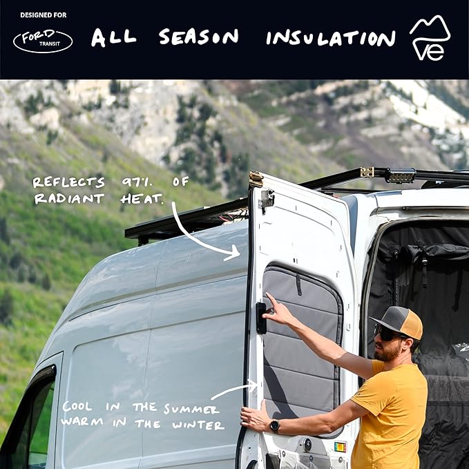 VanEssential Insulated Blackout Rear Door Window Covers Designed for Ford Transit Van High and Medium Roof Year 2015 to Current with NO Plastic Trim (Pair) - Cool Gray