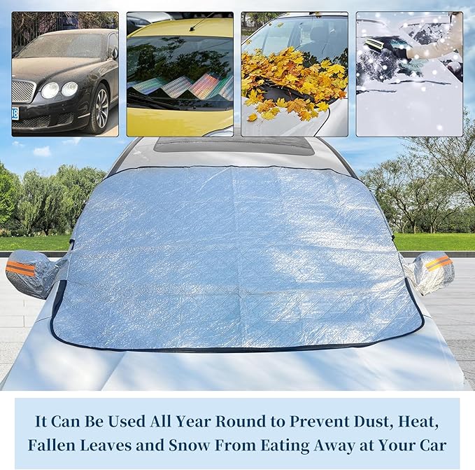 ICWEIMEI Car Windshield Snow Cover, 4-Layer Protection for Snow, Ice, Frost, Sunlight, Large Magnetic Car Windshield Cover with Side Mirror Protector Fit for Large Cars, SUV, Truck, Van in All Weather