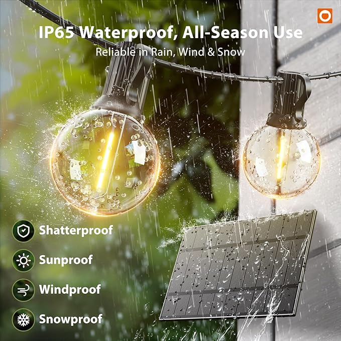addlon 50FT Solar String Lights Outdoor Waterproof with Remote, G40 Globe Solar Patio Light with 27 LED Shatterproof Bulbs, 3 Modes, Dimmable Hanging for Outside Backyard Party
