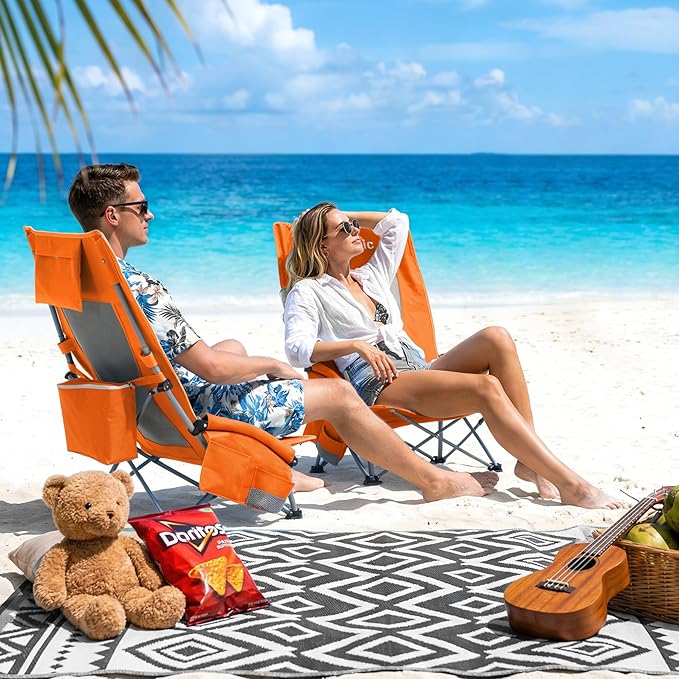 Youtanic High Back Beach Camping Chair 2 Pack, Extra Wide Folding Outdoor Chair with Cooler Bag, Breathable Mesh & Dual-Use Pillow, Portable Lounge Seat for Adults, Sand, Sports, Picnic, Orange