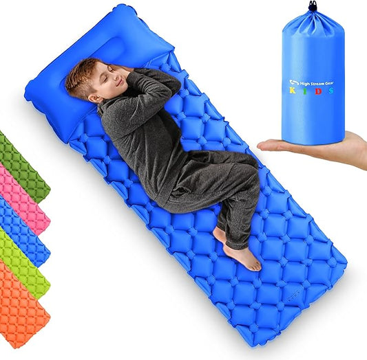 Kids Sleeping Pad for Camping and Sleepovers with Pillow, Inflatable Camping Mattress for Backpacking & Travel, Thick Toddler Cot Mat, Fast Inflating Camping Sleeping Pads for Kids