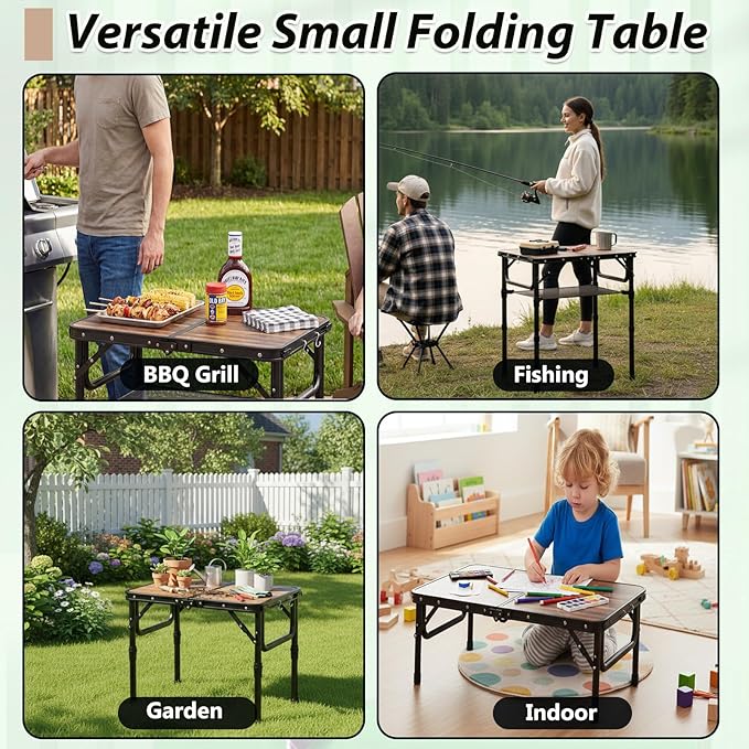 YihuiKo Folding Picnic Table with Storage Net, 3 Adjustable Heights Aluminum Small Folding Table, Lightweight, Portable Carrying Handle, for Camping Travel Outdoor