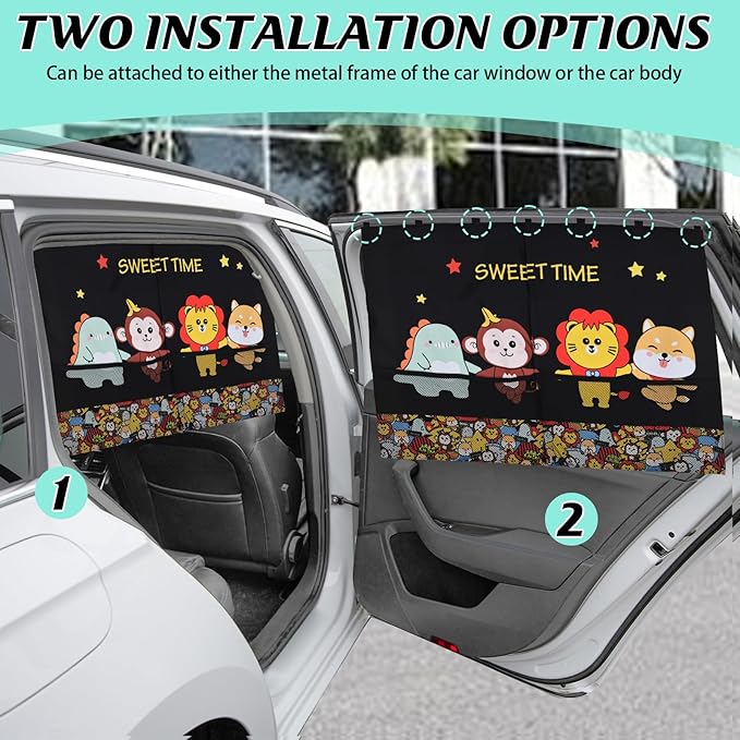Car Window Shades for Baby, 2 Pack Magnetic Double Layer Car Sun Shade Baby with Storage Pockets, Adjustable Privacy Blackout/See-Through Cartoon Pattern Window Curtains for Kids UV Protection
