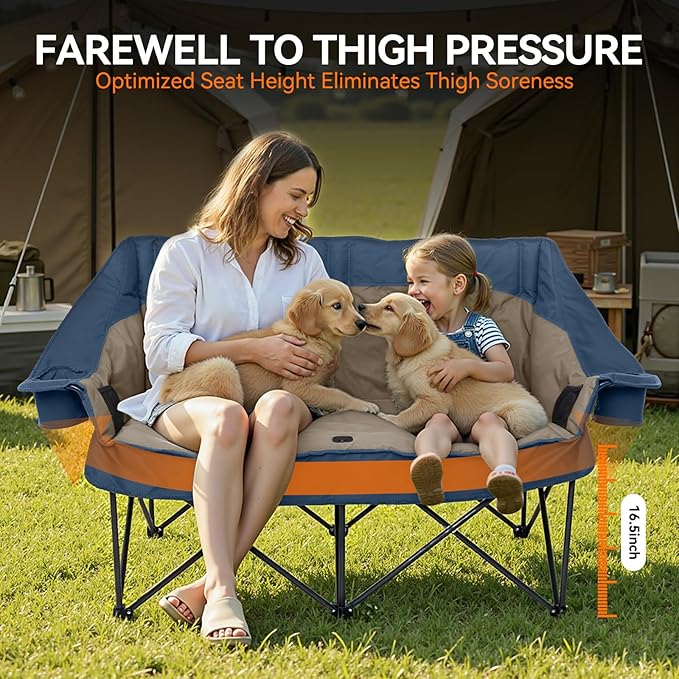 Huskfirm Double Camping Chair Oversized Padded Camping Chairs for Adults Folding Loveseat with Cup Holders and Side Pockets Heavy Duty Outdoor Lawn Chairs for Camping,Sports, Fishing,Beach,Blue