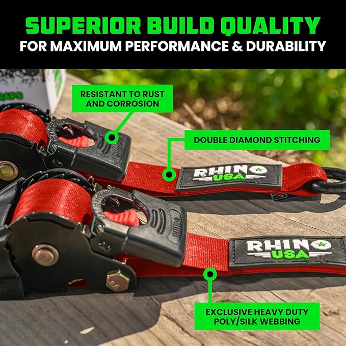 Rhino USA Retractable Ratchet Straps (4-Pack) - 2 Inch x 10 Feet (3,033lb Break Strength) - Heavy Duty Auto Self Retracting Tie Down Straps for Truck, Cargo Trailer, Motorcycle, Rad & More - Red