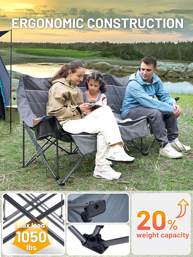 Timber Ridge 3 Person Camping Chair Supports to 1050lbs, Portable Camp Couch Padded Camping Chairs, Outdoor Oversized Folding Loveseat Perfect for Campsites, Patio/Lawn, Soccer Games, Grey