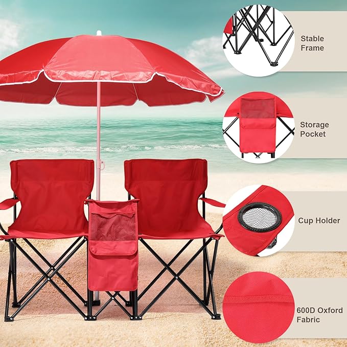Outvita Folding Double Camping Chair w/Umbrella Beverage Holder Carrying Bag Cooler Fold Up Table, Large Bearing Capacity for Beach Patio Pool Park Outdoor Red