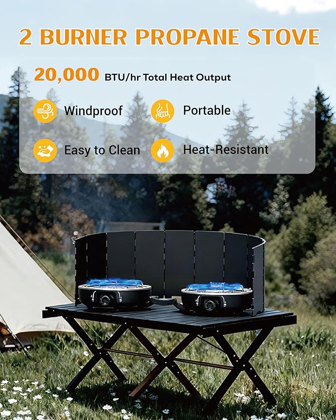 Propane 2-Burner Camping Stove with Windscreen, Portable& Foldable Camping Stoves with Carry Bag, 20000 BTU Camp Stove with Adjustable Burners& Piezo Ignition for Camping& Outdoor (Black)