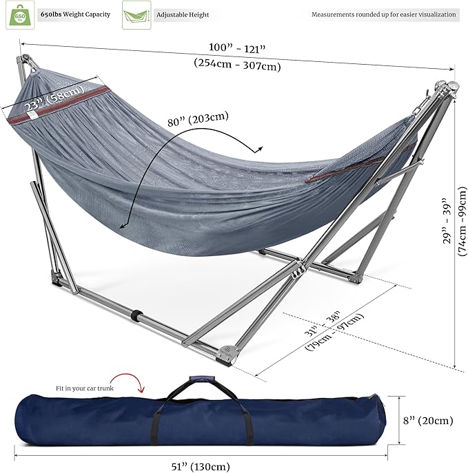 Tranquillo Adjustable Hammock Stand, Collapsible Camping Hammock with Stand, 650 lbs Capacity Double Hammock Stand, Foldable Stainless Steel Breathable Polyester Hammock Net, Carry Bag Included, Grey
