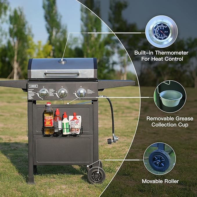 LINGXI gas grills propane 3-Burner Propane Grill, Gas Grill with front hanging basket, Asadores De Gas.30000 BTU barbecue grill, Grills outdoor cooking. Suitable for Backyard, Outdoor, Patio, Garden