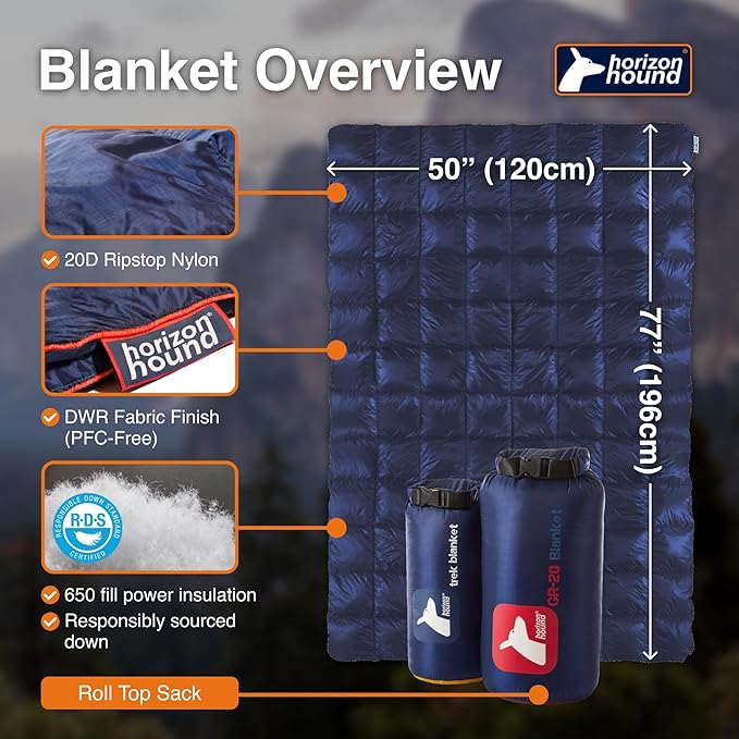 Horizon Hound Puffy Down Camping Blanket - Outdoor Travel Quilt | Sustainable, Insulated, Lightweight & Warm Gear for Sleep, Camping, Stadium, Hiking & Festivals | Water Resistant, Packable & Compact