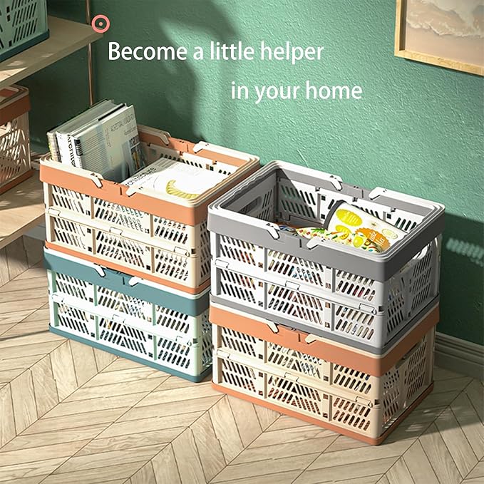 Collapsible Plastic Storage Crate - 20L Folding Organizer Basket Portable Stacking Storage Crate Bin with Handle, for Camping, Picnic, Car Trunk, Home Storage (Gray, M)