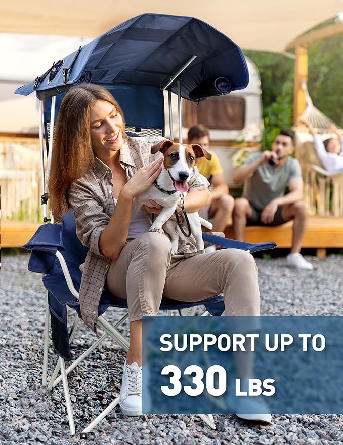 Docusvect Beach Chair with Canopy Shade and Fan – 360° Rotatable & 3-Speed Airflow, Camping Chair with Canopy and Powerful & Quiet Fan, Cup Holder, Side Pocket – Supports 330 LBS