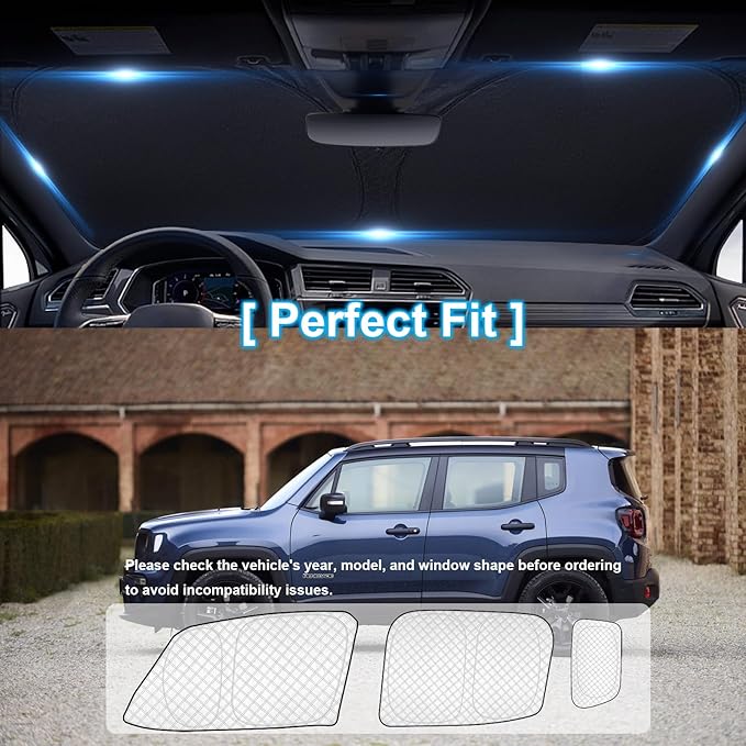 KMF 8pcs Thicken Sun Shades for Jeep Renegade 2015-2024 Accessories, Windshield Sunshade Full Car Window Covers for Side Rear, UV Block and Privacy Blackout for Camping Outdoor