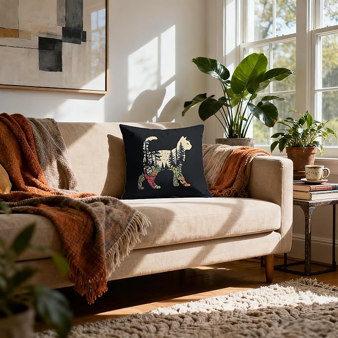 Boho Forest Cat Pillow Cover 18x18, Cat Lover Mom Lady Gifts, Nature Forest Tree Wildflower Floral Kitty Decorative Throw Pillow Cover for Home Bedroom Living Room Sofa Couch