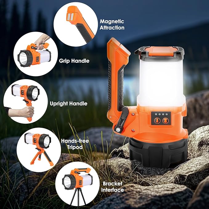 BOBKID Tripod Rechargeable Camping Lantern, 6 Modes LED Flashlight Handheld Spotlight with 4000LM, IPX4 Waterproof Searchlight Work Light for Emergency Hiking Survival Kit - Orange