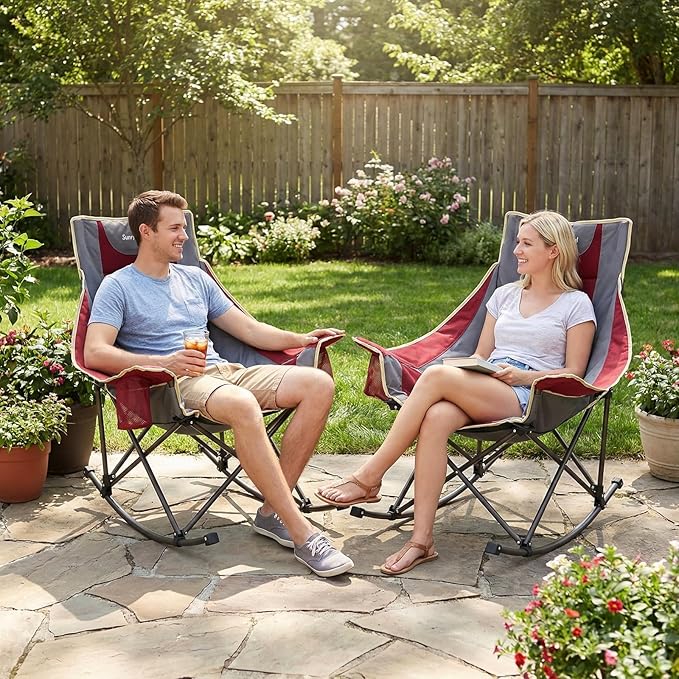 SUNNYFEEL Rocking Camping Chair Fully Padded Patio Folding Chair Portable Oversized Outdoor Rocker High Back Lawn Recliner with Side Pocket Camp Rocker Chairs for Adults Heavy Duty 500 LBS Red