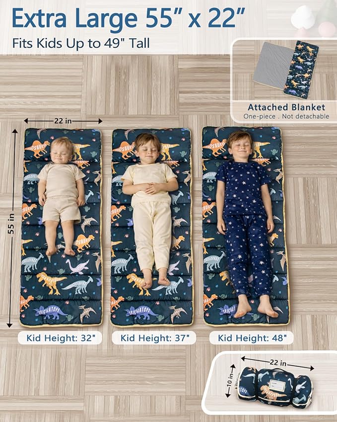 Primlect Thickened Toddler Nap Mat with Removable Pillow and Minky Blanket, Extra Large 55''x35'' Sleeping Bag, Washable, Roll up, Perfect for Daycare, Preschool, Kindergarten, Boys and Girls Dinosaur