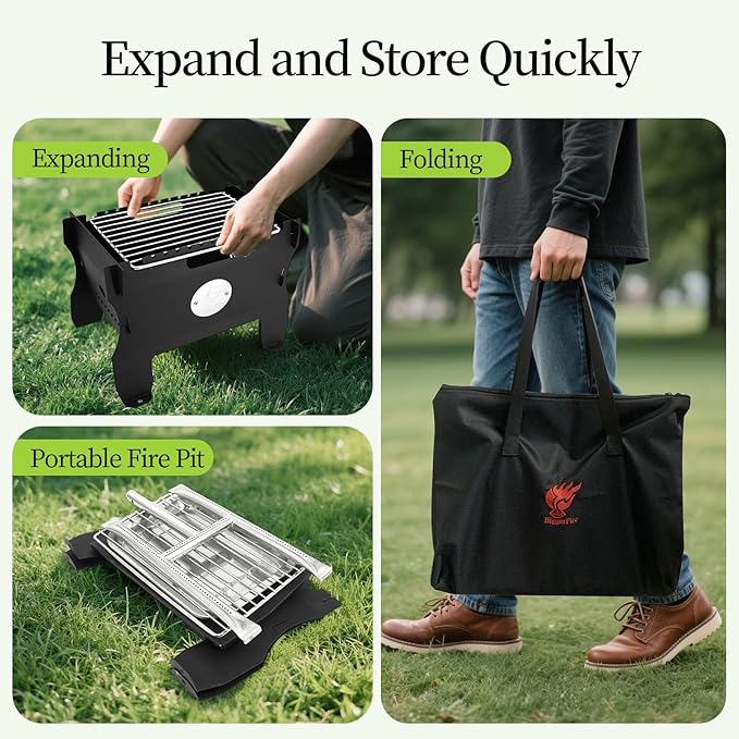 Camping Grill Fire Pit, 2 in 1 Portable Duel Fuel Charcoal or Gas Grill or Fire Pit, Detachable Steel Kabob Camp Grills Bonfire Stove with Hose for Outdoor Cooking BBQ for 13 Skewers