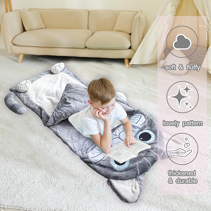 Kid Sleeping Bag with Pillow - Larger Nap Mat - Plush Slumber Bag for Boys Girls Daycare Preschool Kindergarten Birthday Gift Travel Sleepover Ages 3-12 Years